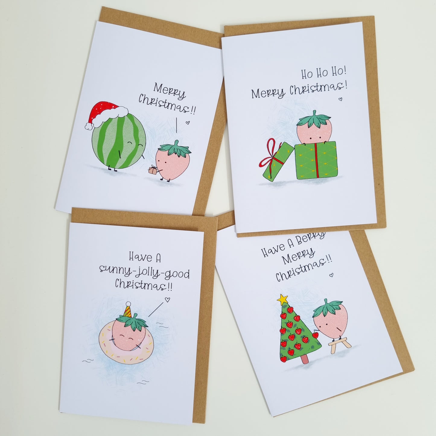 Cute Summer Themed Christmas Cards - 4 Pack - Swallow Wind Art