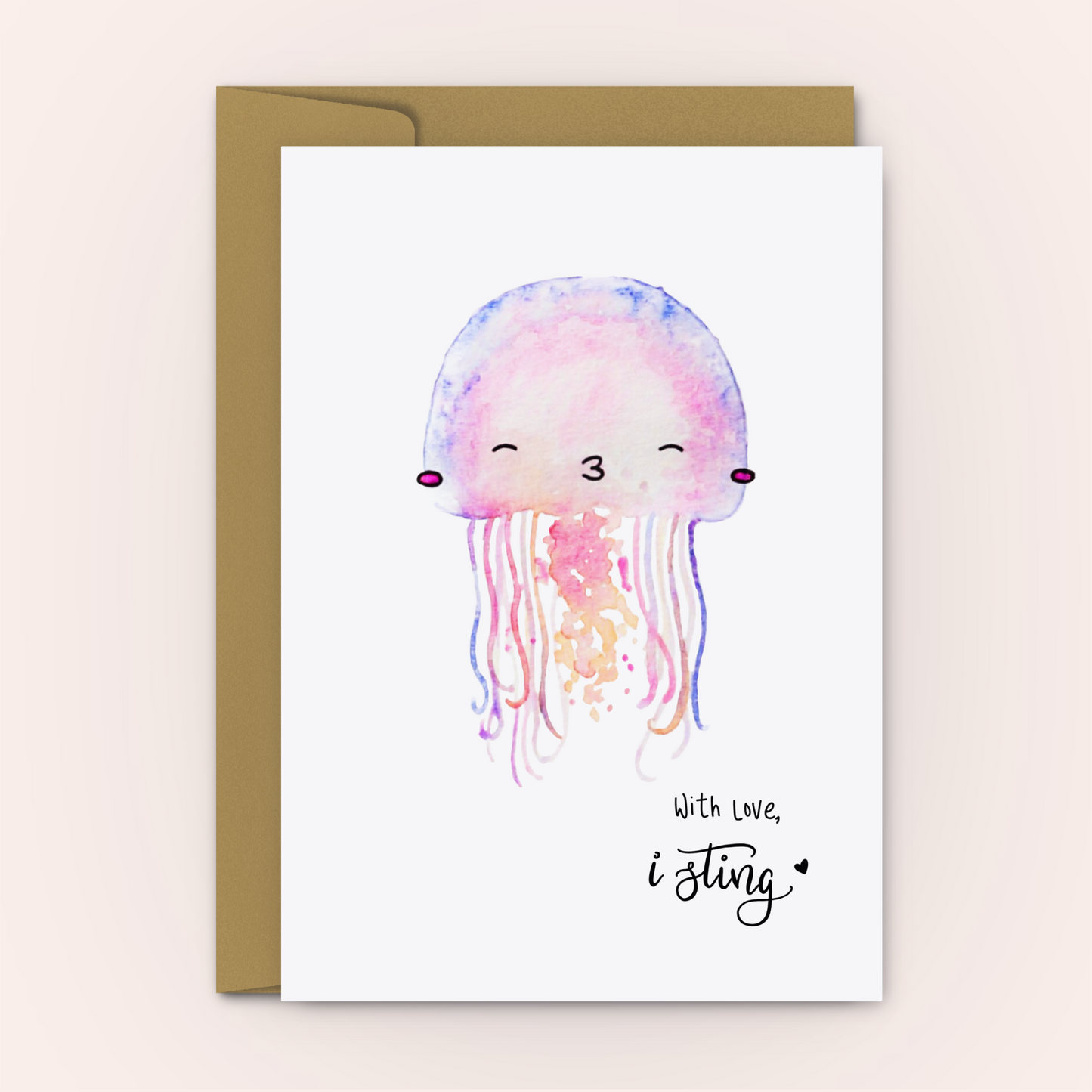 Adorable Watercolour Kissing Jellyfish Romantic Card - Personalised Greeting Card - Swallow Wind Art