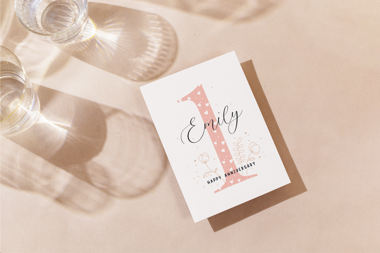 1st Anniversary - Pink Hearts Personalised Love Card - Swallow Wind Art