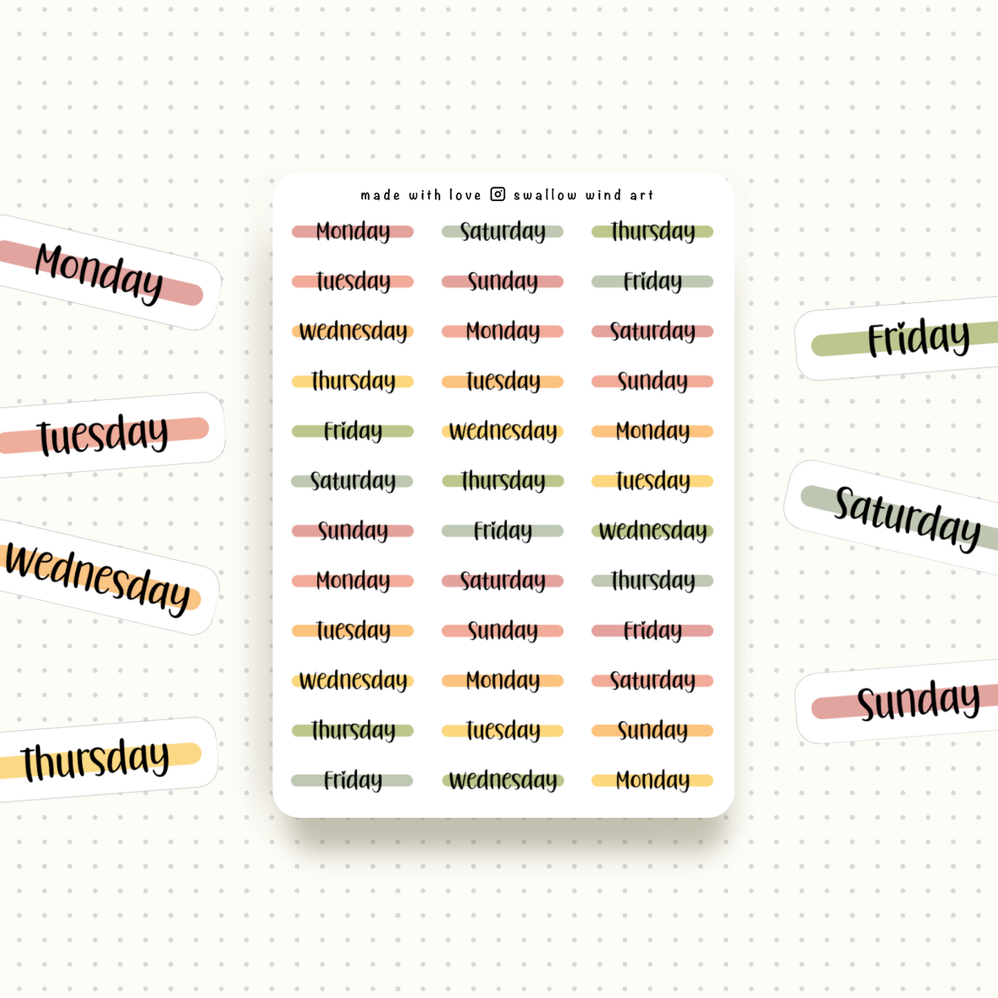 Day of the Week Stickers - Weekly Planner Stickers Sheets - Swallow Wind Art