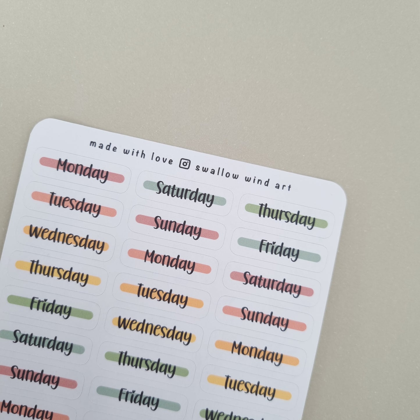Day of the Week Stickers - Weekly Planner Stickers Sheets - Swallow Wind Art