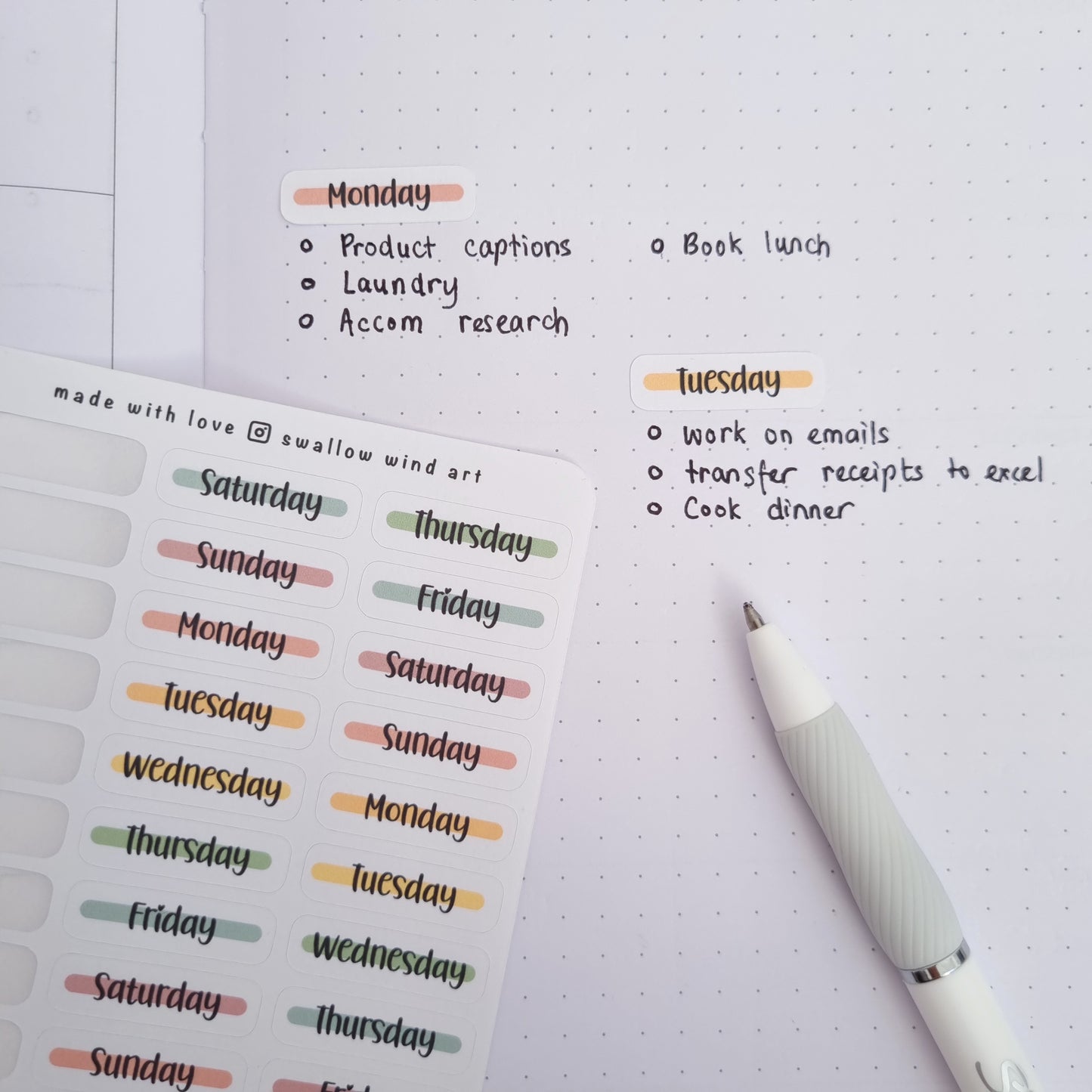 Day of the Week Stickers - Weekly Planner Stickers Sheets - Swallow Wind Art