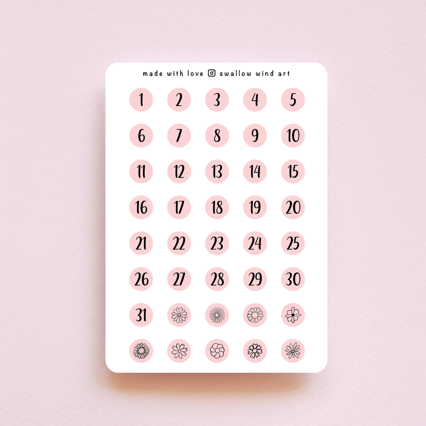 Date Dot Monthly Dates Sticker Sheet - 23 Colours - Swallow Wind Art