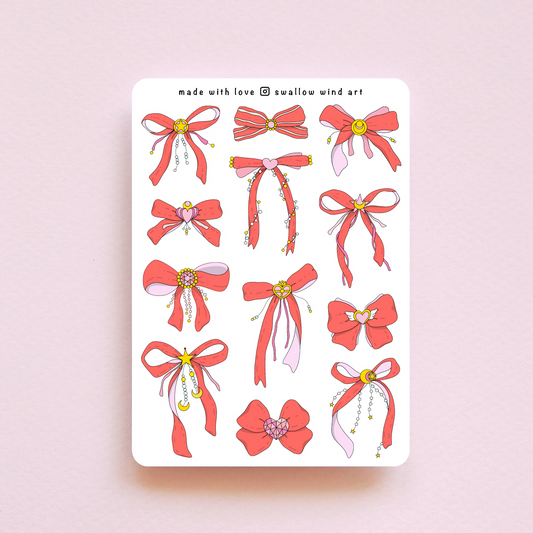 Ribbon Bows Journal Stickers - Coquette Bows Sticker Sheets - Swallow Wind Art