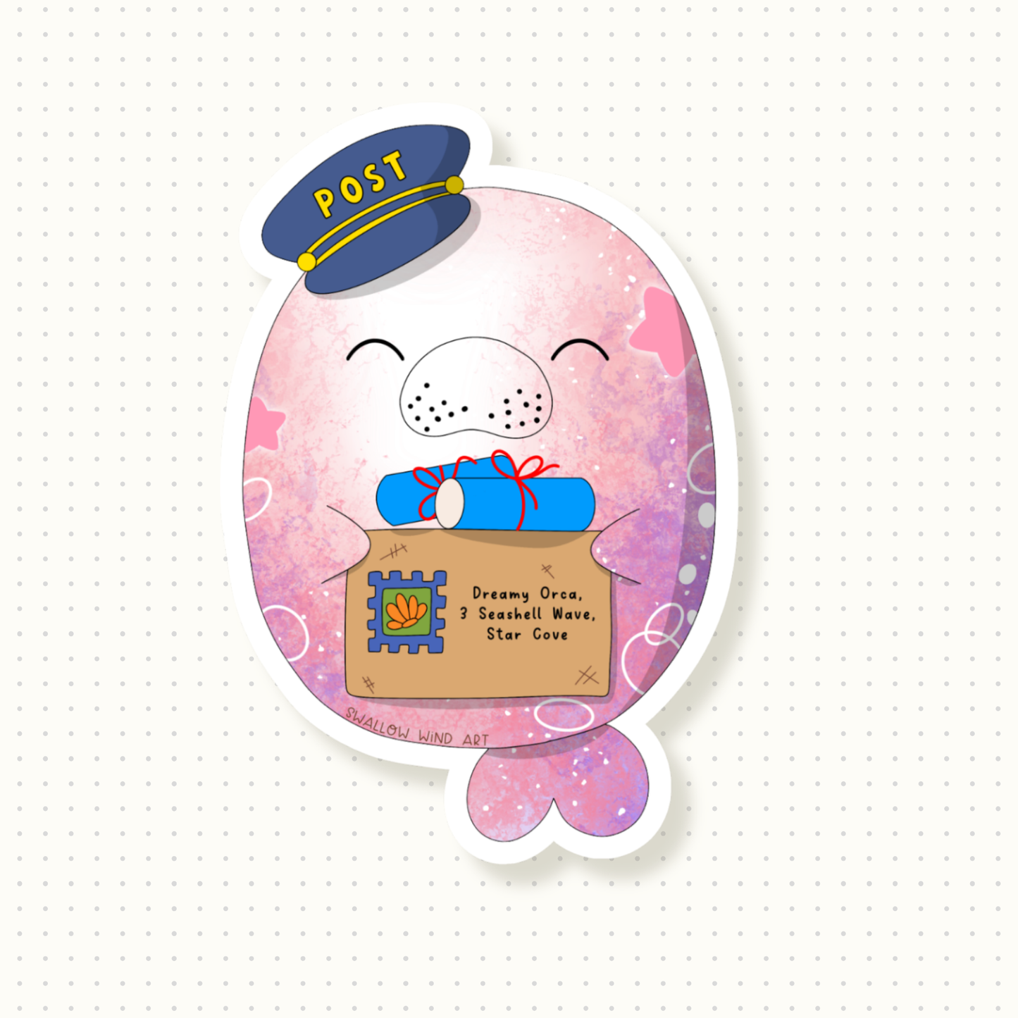 Manatee Postman Whimsical Waterproof Sticker - Swallow Wind Art