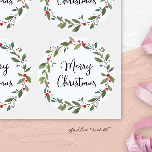 Personalised Christmas Gift Stickers | Merry Christmas Wreath Gift Stickers - Swallow Wind Art