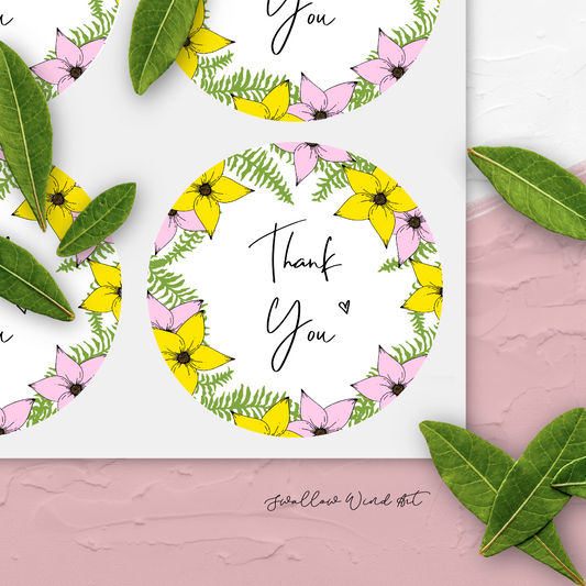 Floral Round Thank You Gift Labels - Personalised Wedding Stickers - Swallow Wind Art