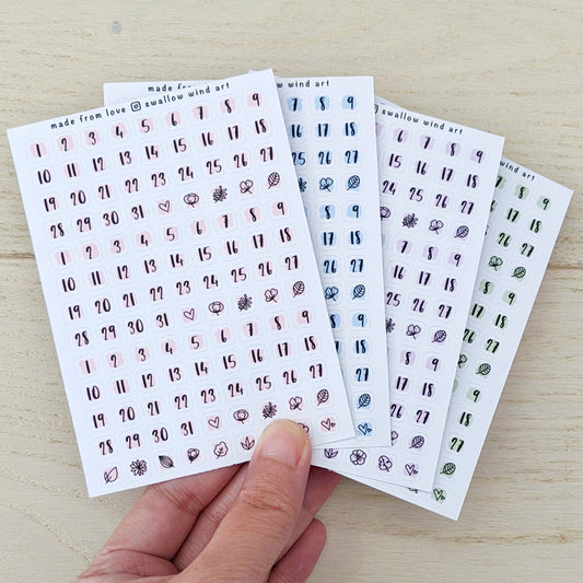 Date Dot Journal Stickers - Monthly Dates Sticker Sheets - Swallow Wind Art