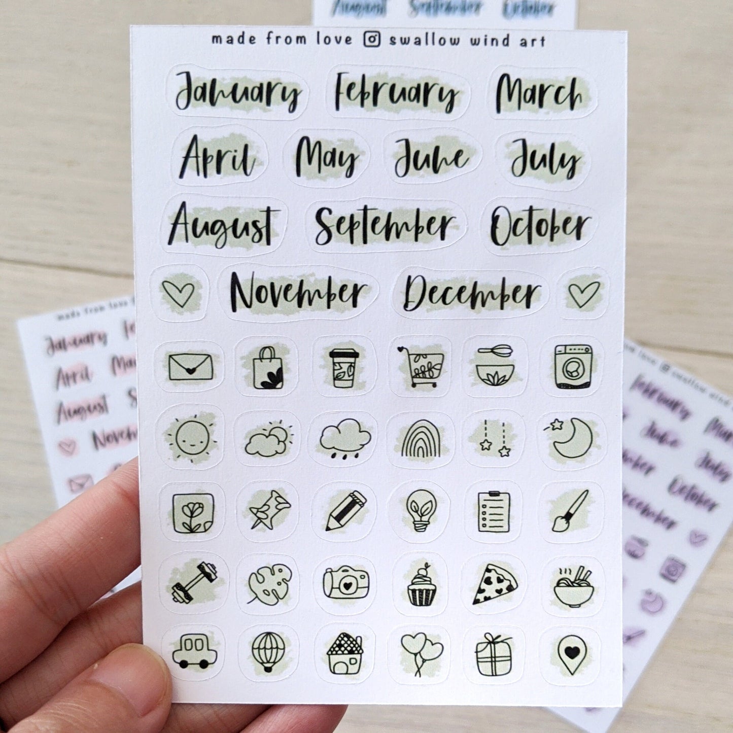 Month Script Stickers | Month of the Year & Mixed Icon Planner Stickers - Swallow Wind Art