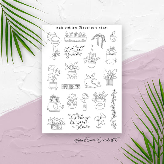 Potted Plants, Botanical Planner Notebook Stickers Sheet - Swallow Wind Art