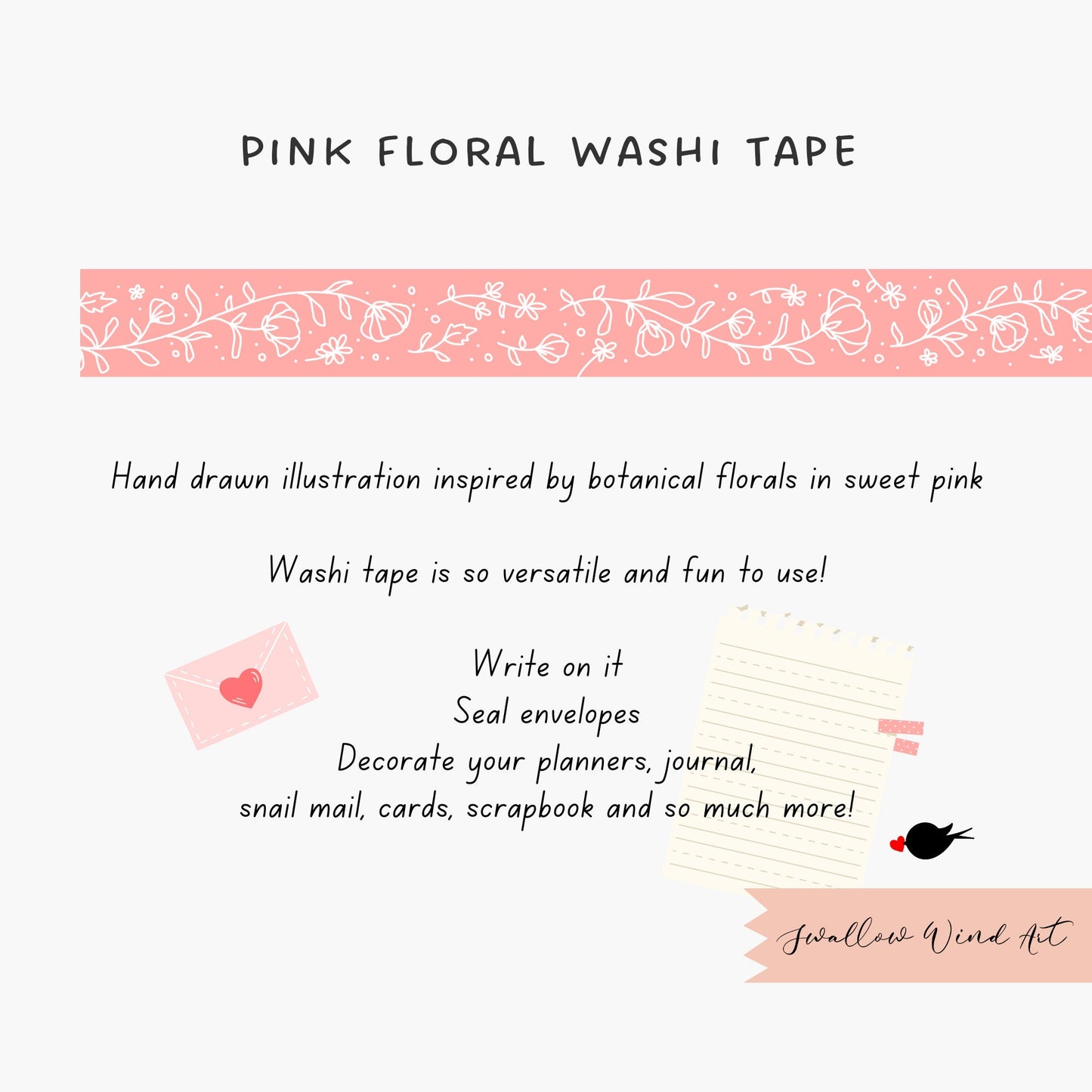 Pink Blossoms Washi Tape Pastel - Swallow Wind Art