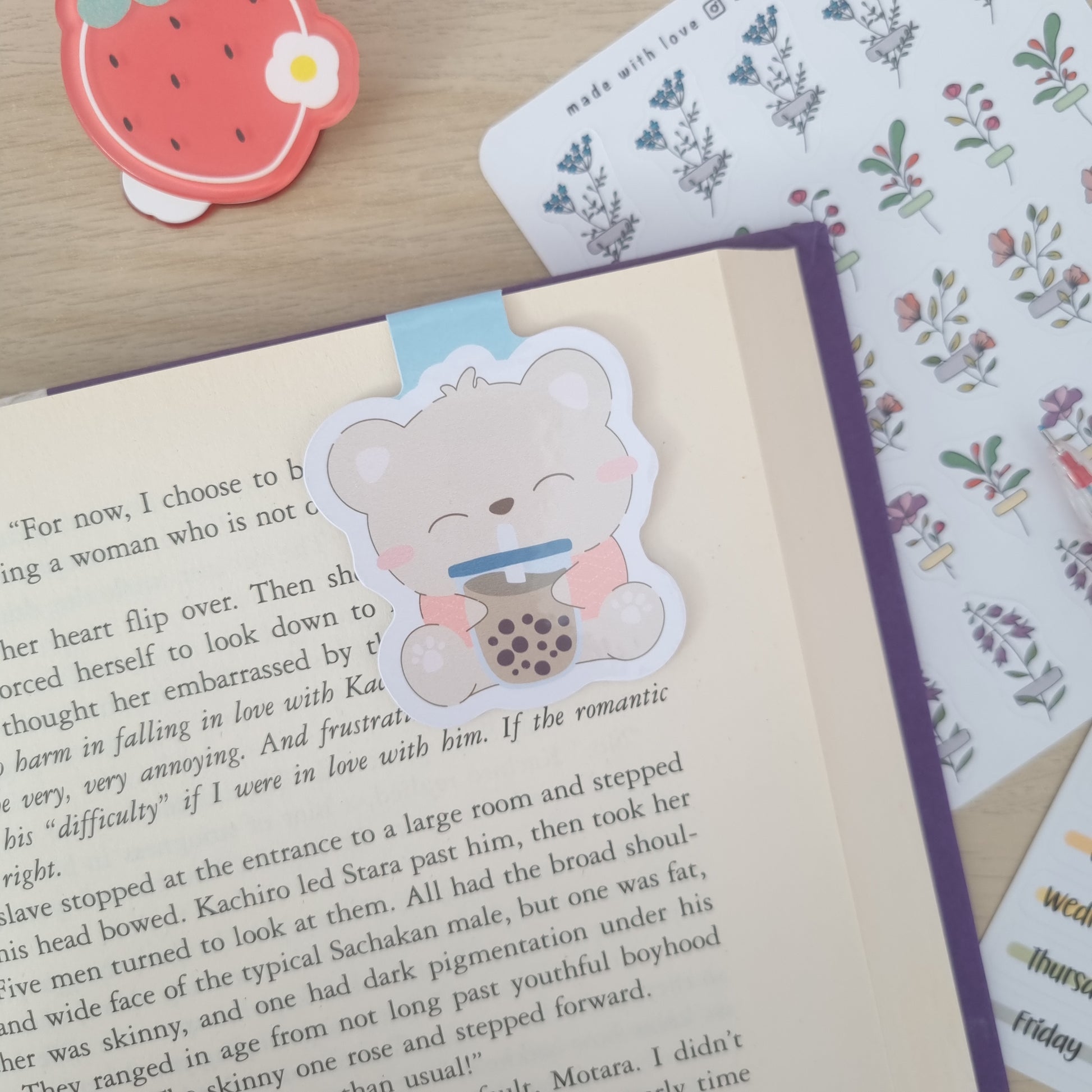 Magnetic Bookmark - Cute Boba Bear - Swallow Wind Art