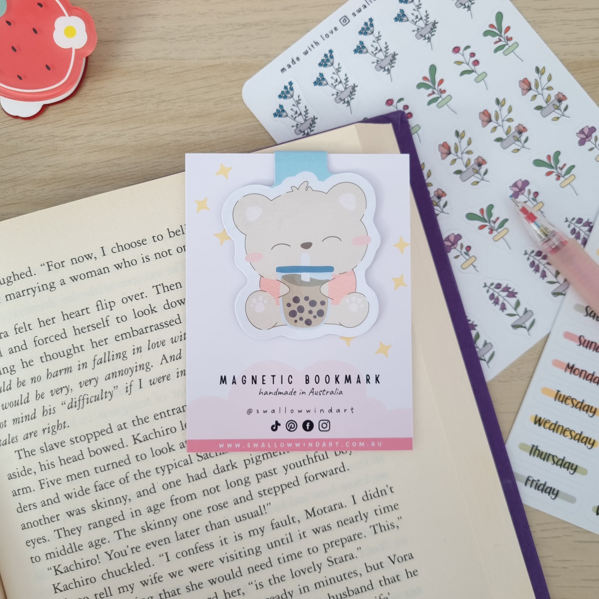 Magnetic Bookmark - Cute Boba Bear - Swallow Wind Art