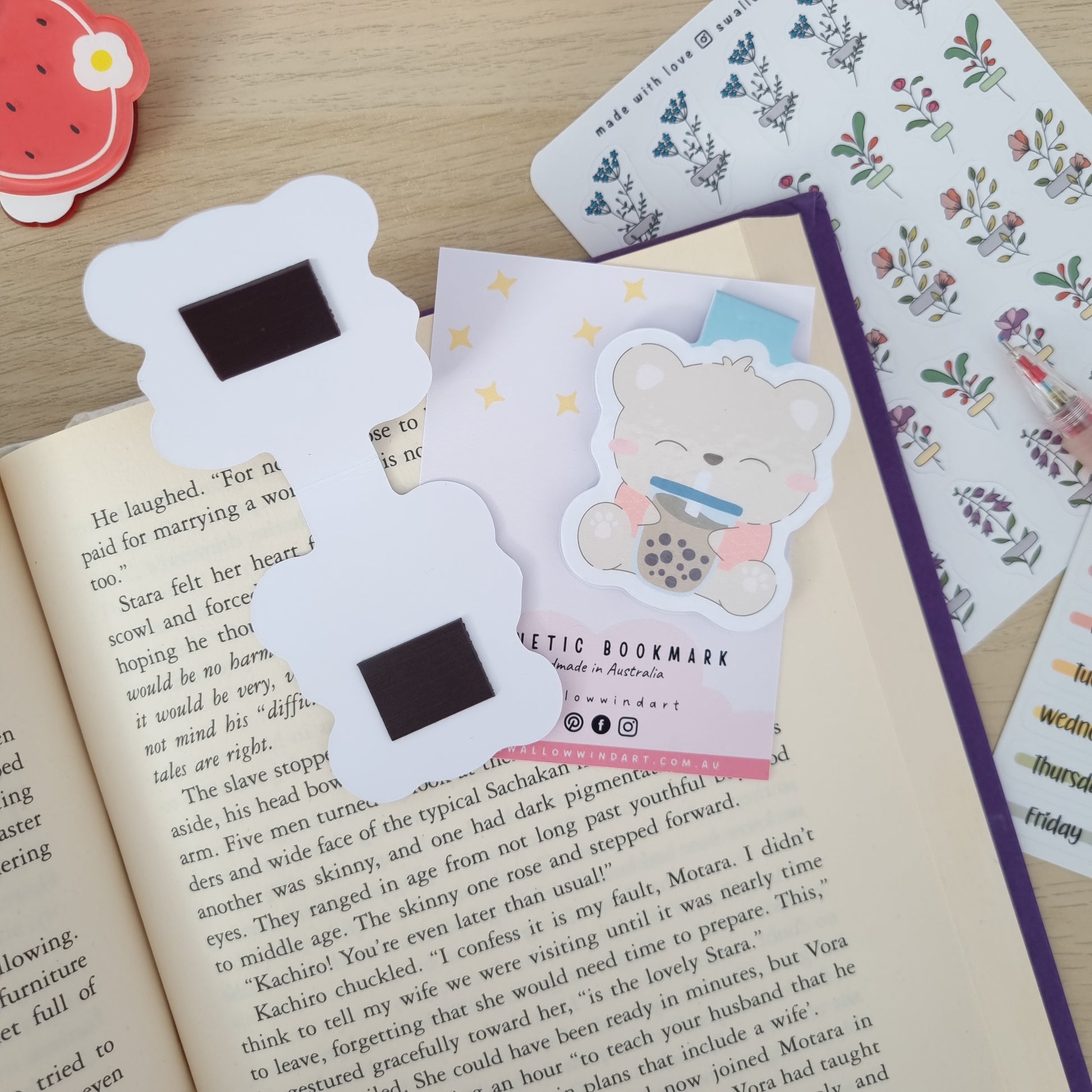 Magnetic Bookmark - Cute Boba Bear - Swallow Wind Art