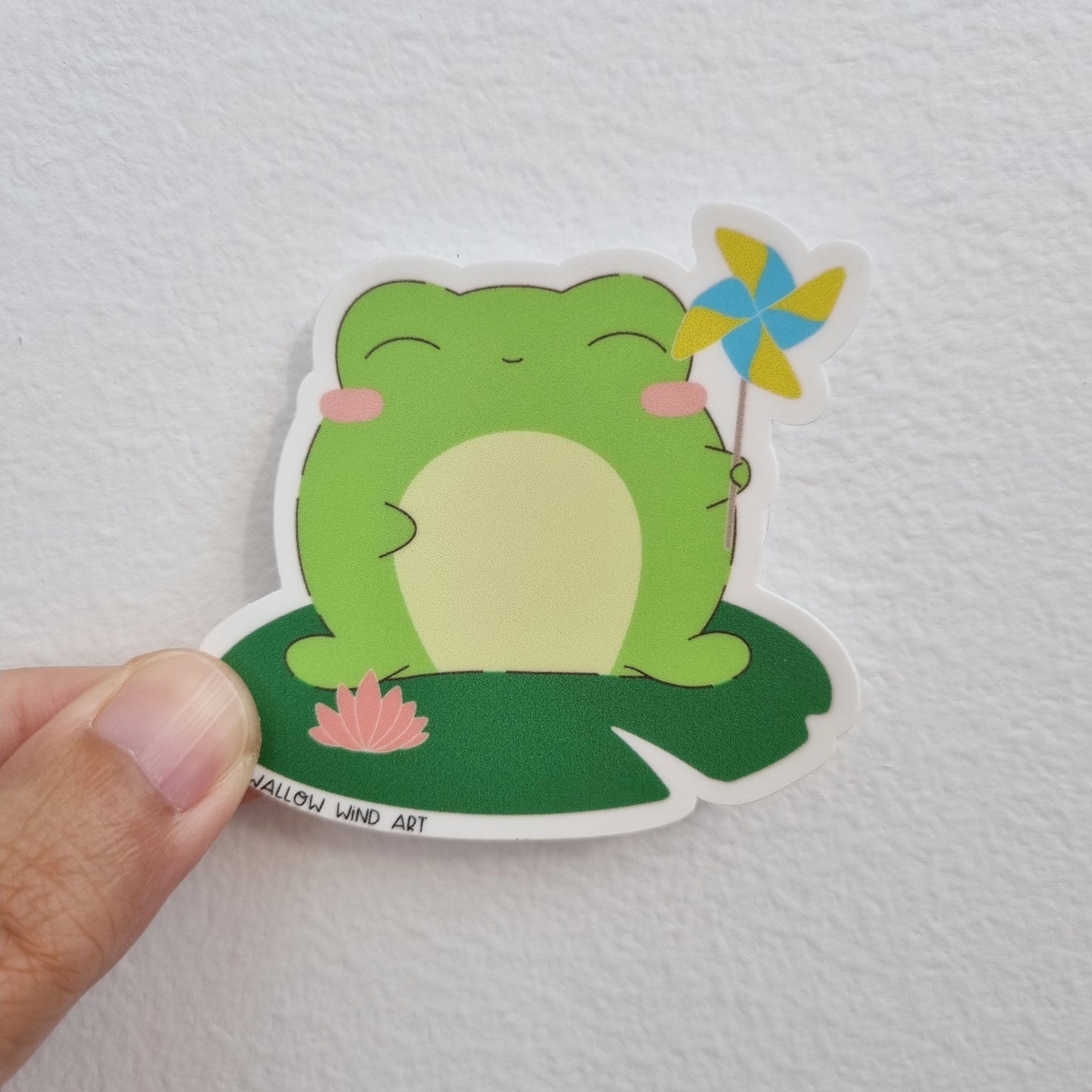 Cute Frog with Pinwheel Vinyl Sticker, Die Cut Sticker, Decorative Sticker - Swallow Wind Art