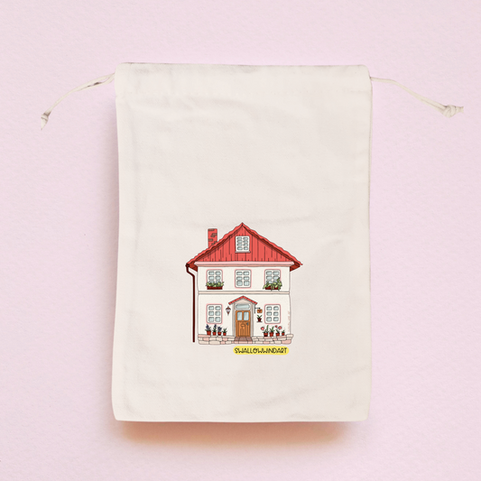 Cute Cosy Cottage with Red Roof Drawstring Bag - Swallow Wind Art