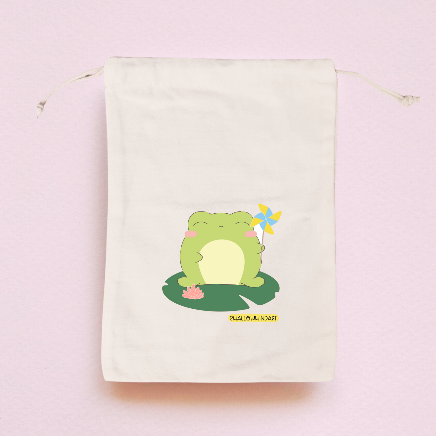 Cute Frog with Pinwheel Drawstring Bag - Swallow Wind Art