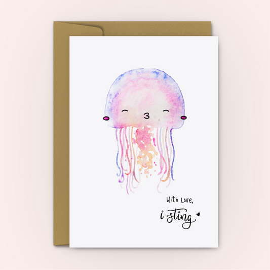 Adorable Watercolour Kissing Jellyfish Romantic Card - Personalised Greeting Card - Swallow Wind Art