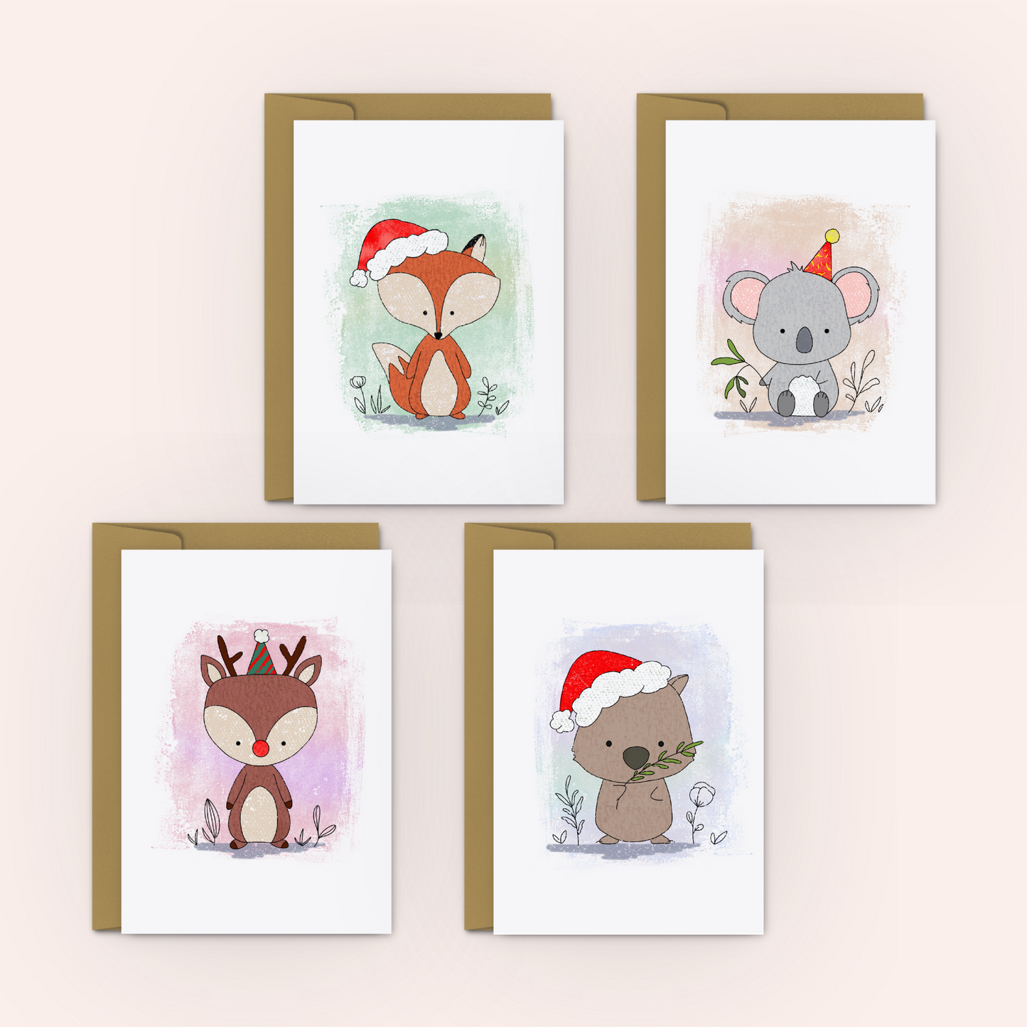 Cute Animals Christmas Greeting Cards - 4 Pack - Swallow Wind Art