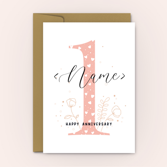 1st Anniversary - Pink Hearts Personalised Love Card - Swallow Wind Art