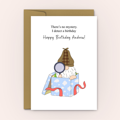 Detective Gnome Happy Birthday Card - Personalised Card - Swallow Wind Art