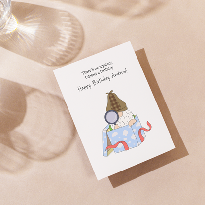 Detective Gnome Happy Birthday Card - Personalised Card - Swallow Wind Art