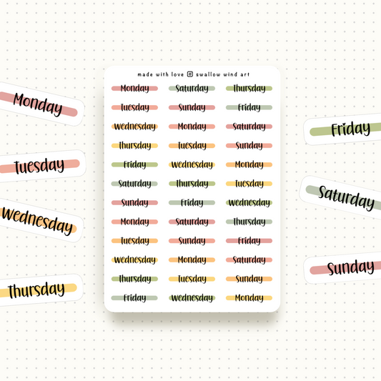 Day of the Week Stickers - Weekly Planner Stickers Sheets - Swallow Wind Art