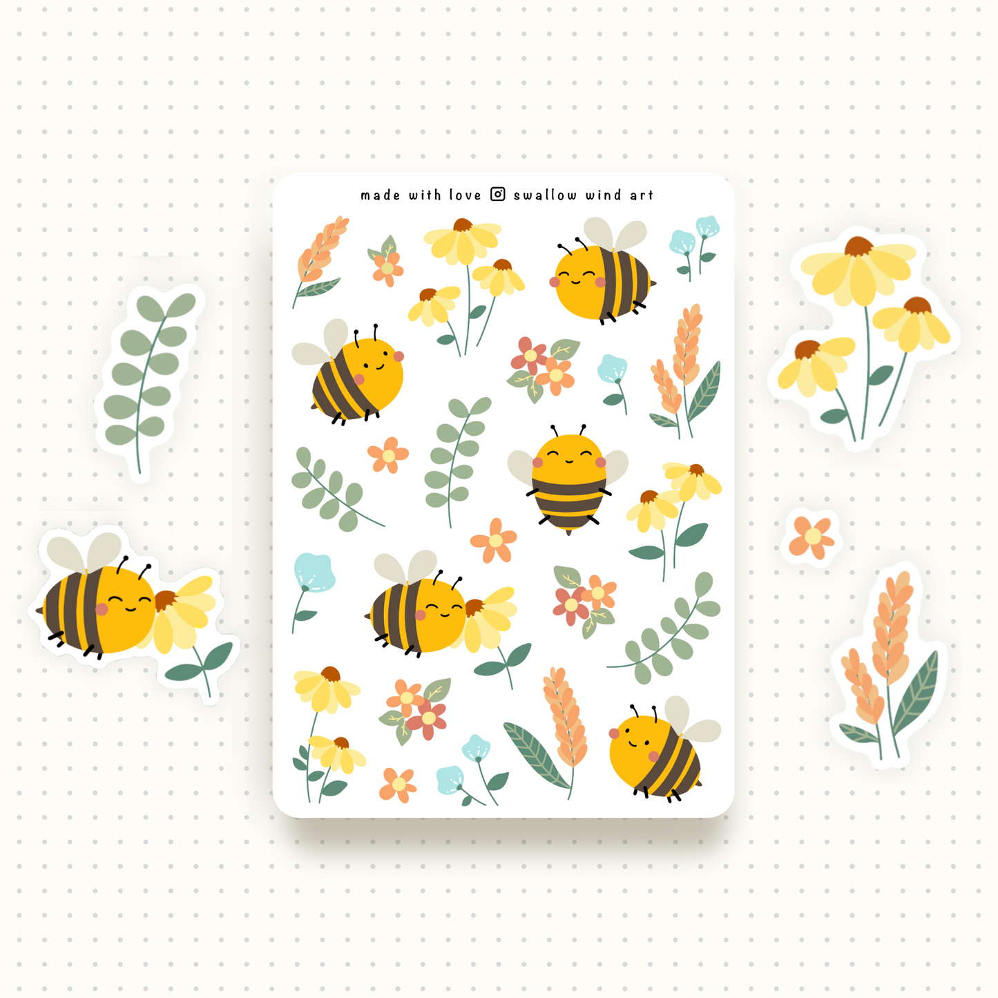 Bees in a Garden Sticker Sheet - Swallow Wind Art