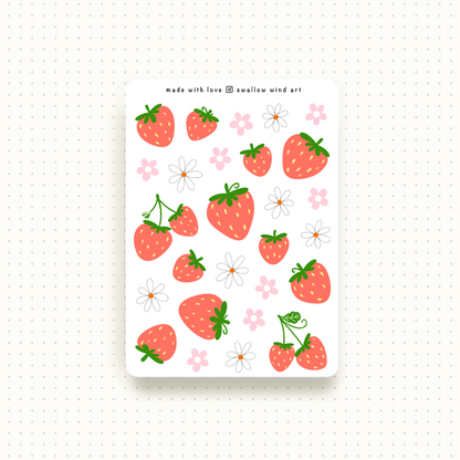 Strawberry and Flower Sticker Sheet - Swallow Wind Art