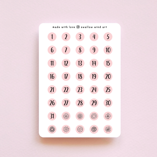 Date Dot Monthly Dates Sticker Sheet - 23 Colours - Swallow Wind Art