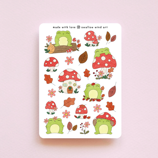 Autumn Leaves and Froggy Sticker Sheet - Swallow Wind Art