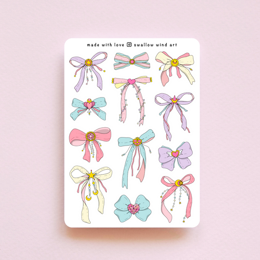 Ribbon Bows Journal Stickers - Coquette Bows Sticker Sheets - Swallow Wind Art