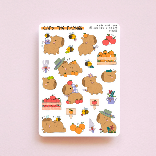 Capybara Sticker Sheet - Capy the Farmer - Swallow Wind Art