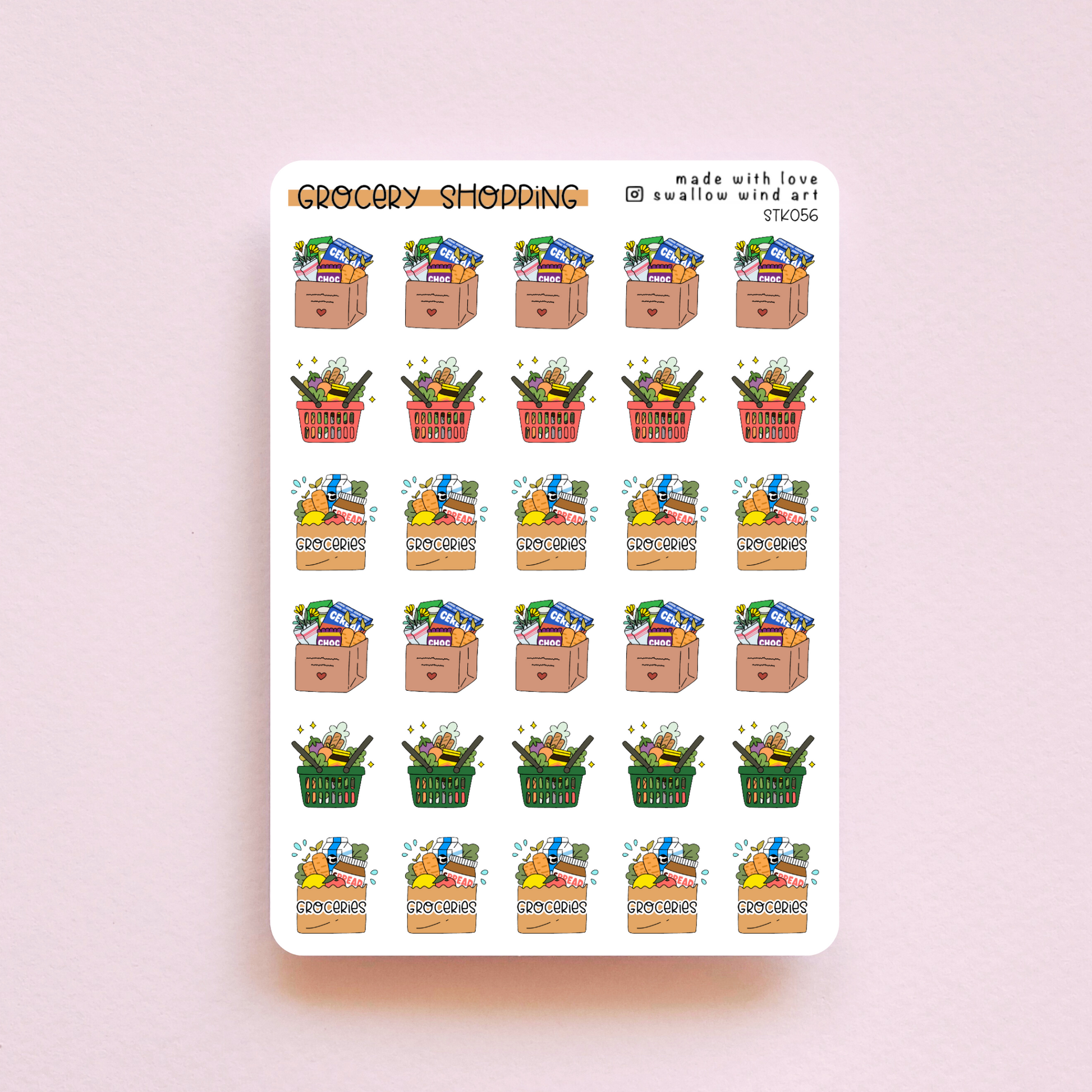 Grocery Shopping Baskets Sticker Sheet - Swallow Wind Art