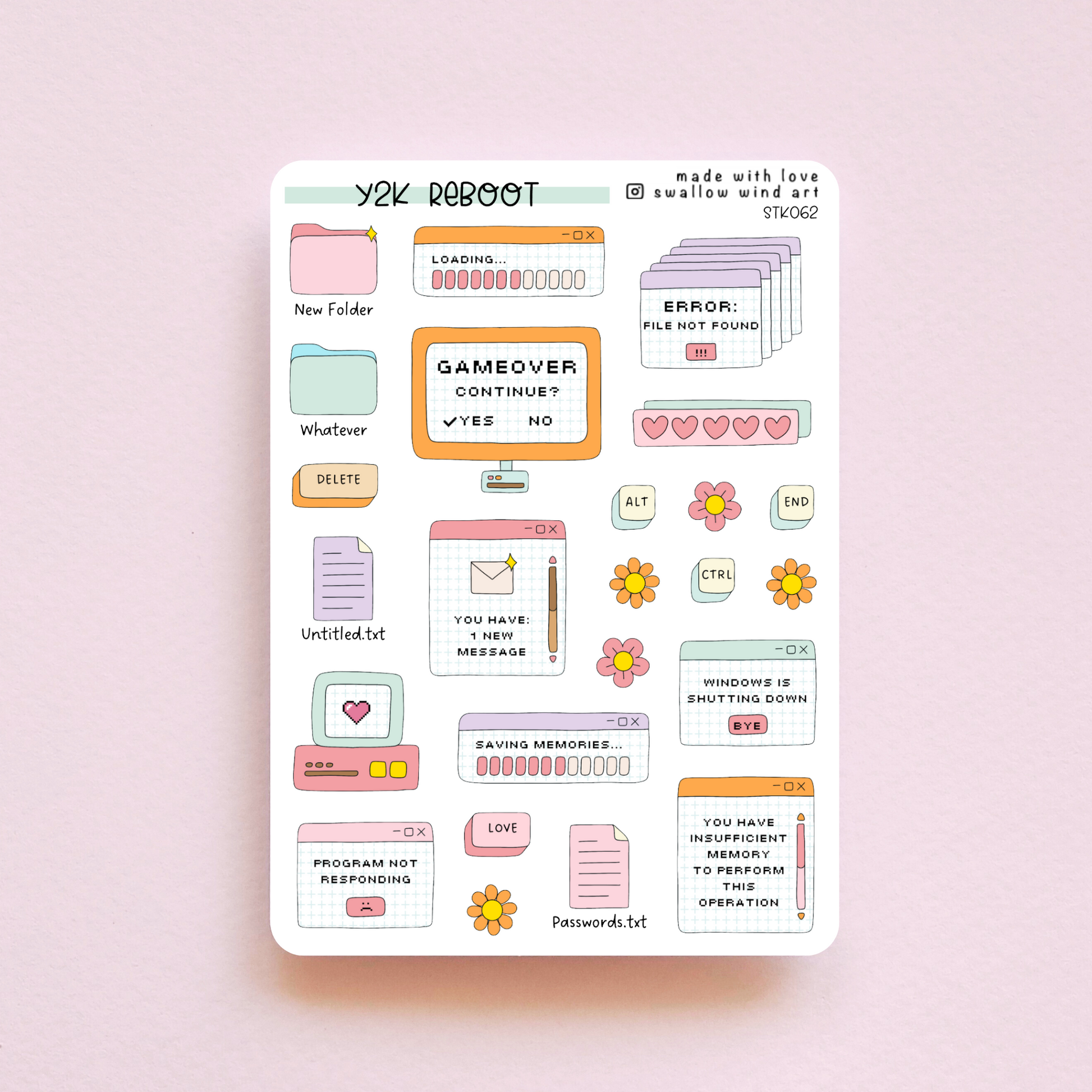 Y2K Reboot Sticker Sheet - Nostalgia Sticket Sheet - Swallow Wind Art