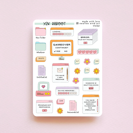 Y2K Reboot Sticker Sheet - Nostalgia Sticket Sheet - Swallow Wind Art