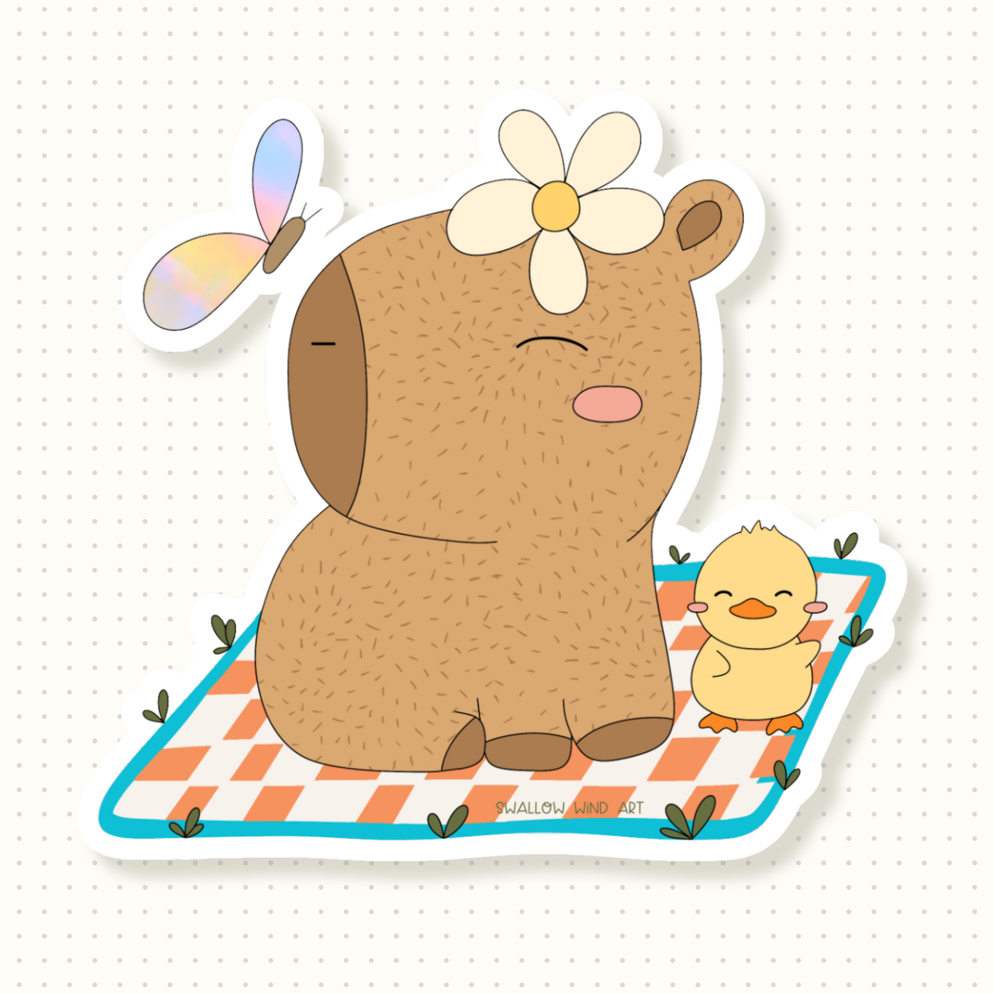 Capybara Ducky Butterfly Picnic Die Cut Sticker, Vinyl Sticker - Swallow Wind Art