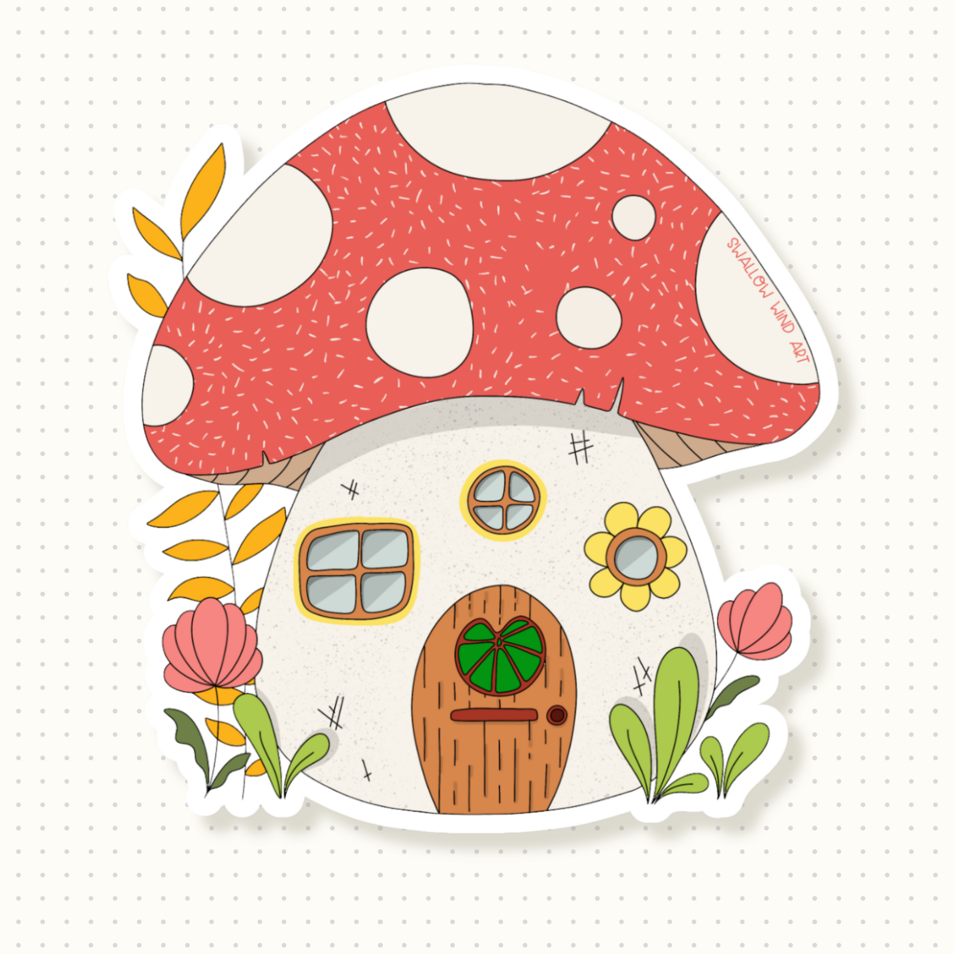 Mushroom House Die Cut Sticker, Vinyl Sticker - Swallow Wind Art