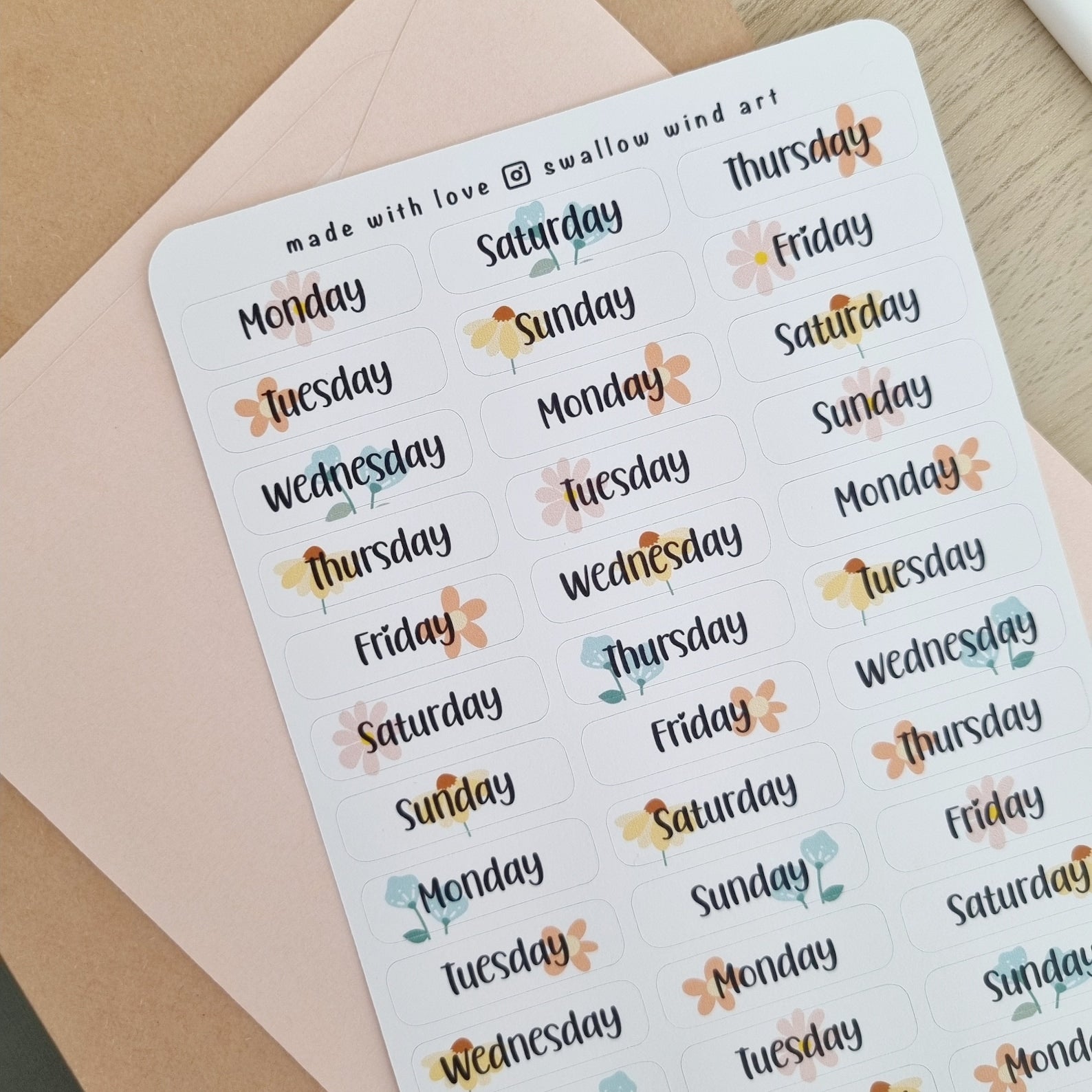 Days of Week Floral Sticker Sheet - Swallow Wind Art