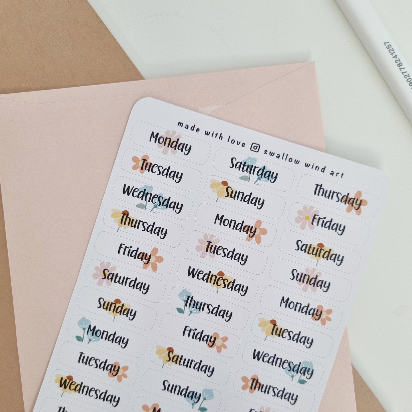 Days of Week Floral Sticker Sheet - Swallow Wind Art