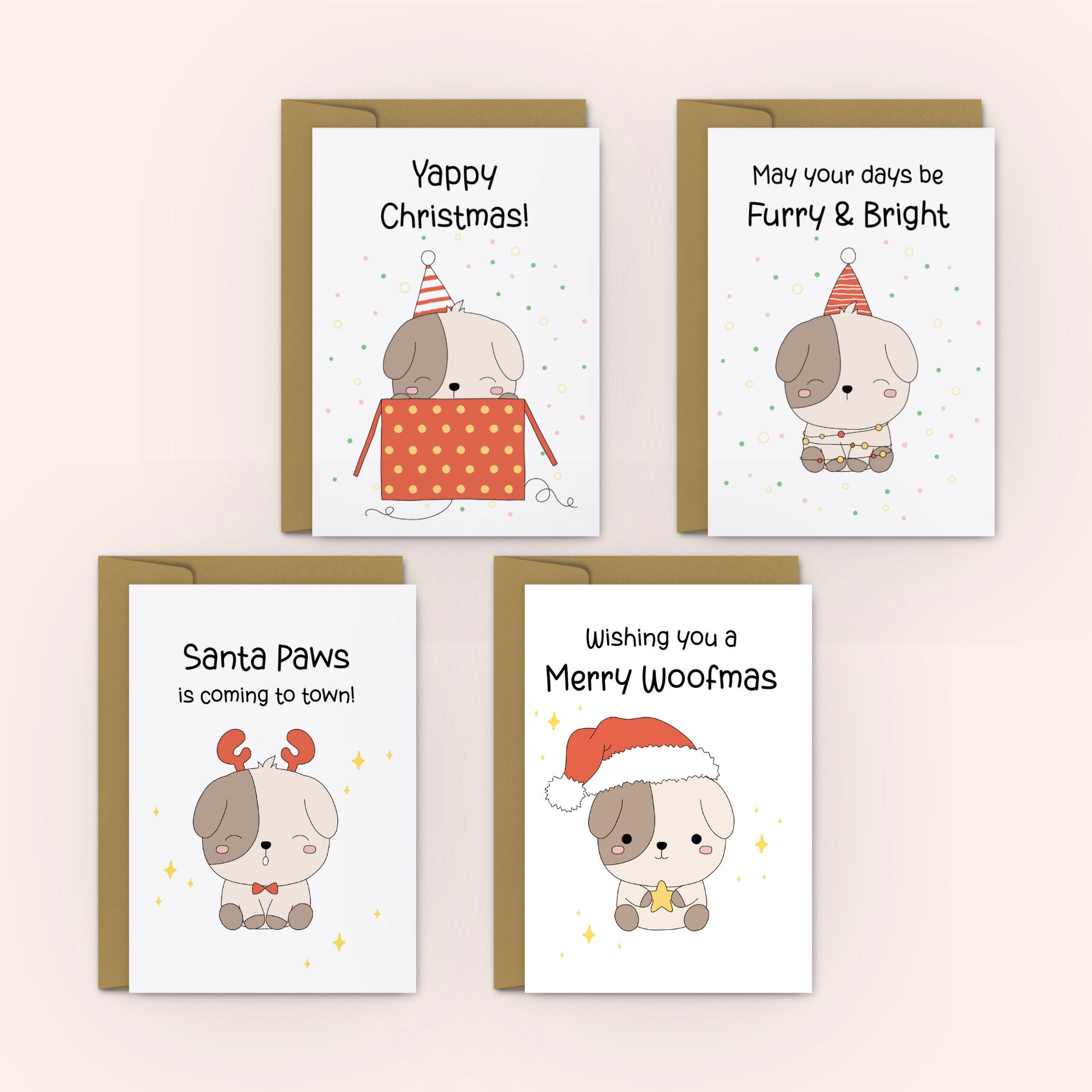 Cute Puppies Christmas Greeting Cards - 4 Pack - Swallow Wind Art