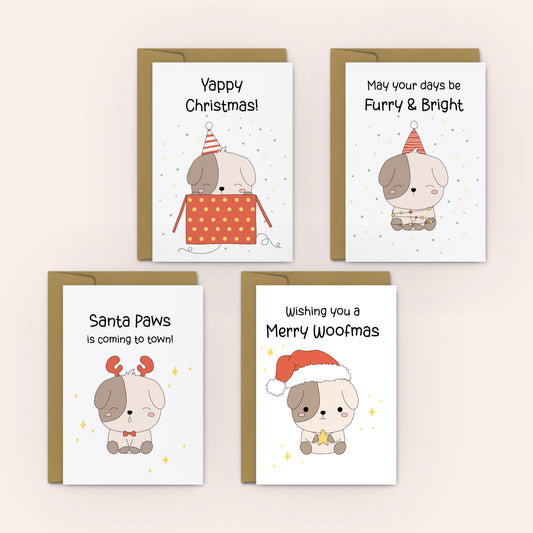 Cute Puppies Christmas Greeting Cards - 4 Pack - Swallow Wind Art