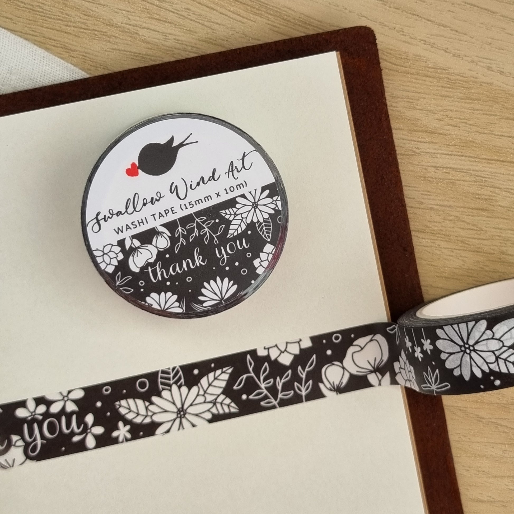 Thank You Floral Washi Tape Black and White - Swallow Wind Art