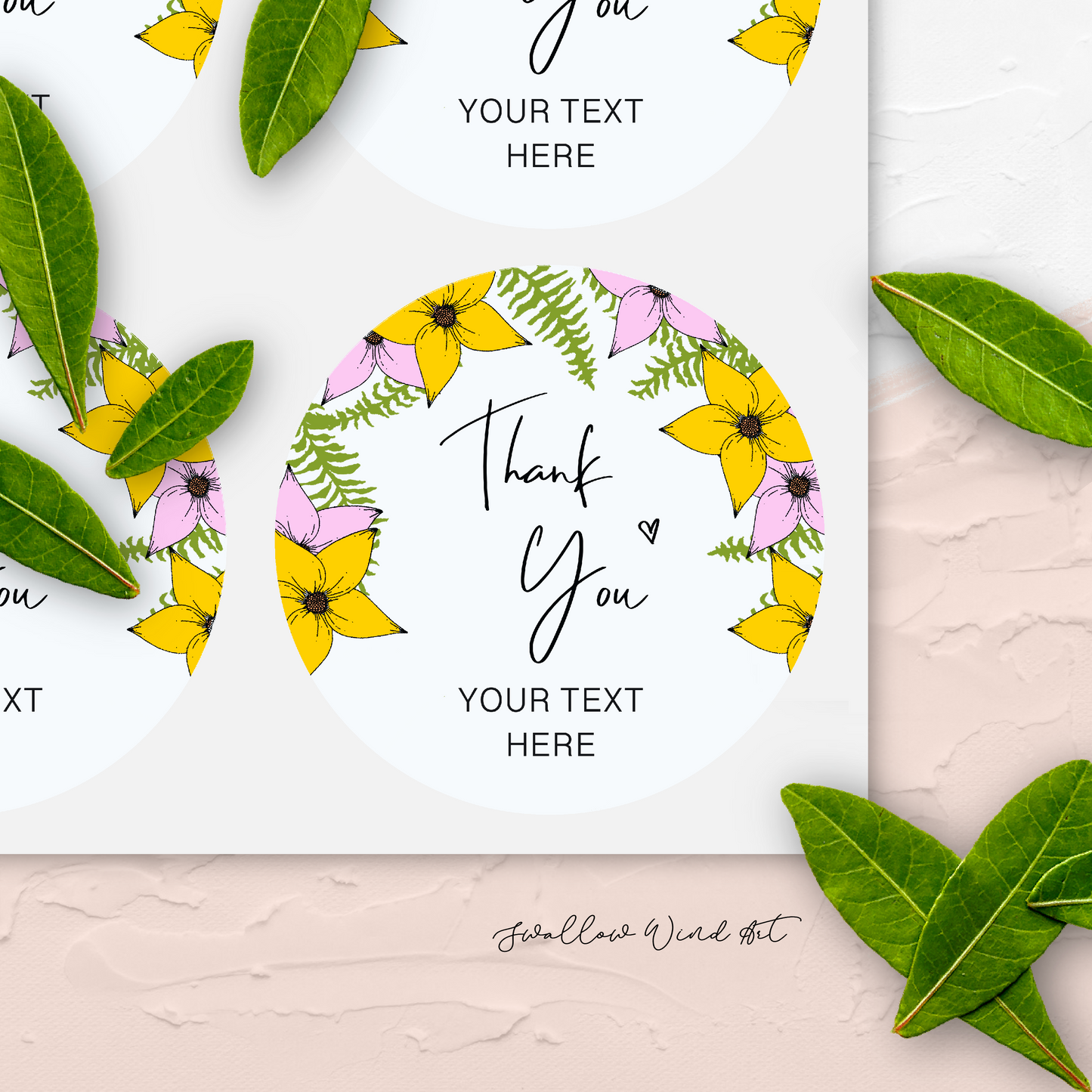 Floral Round Thank You Gift Labels - Personalised Wedding Stickers - Swallow Wind Art