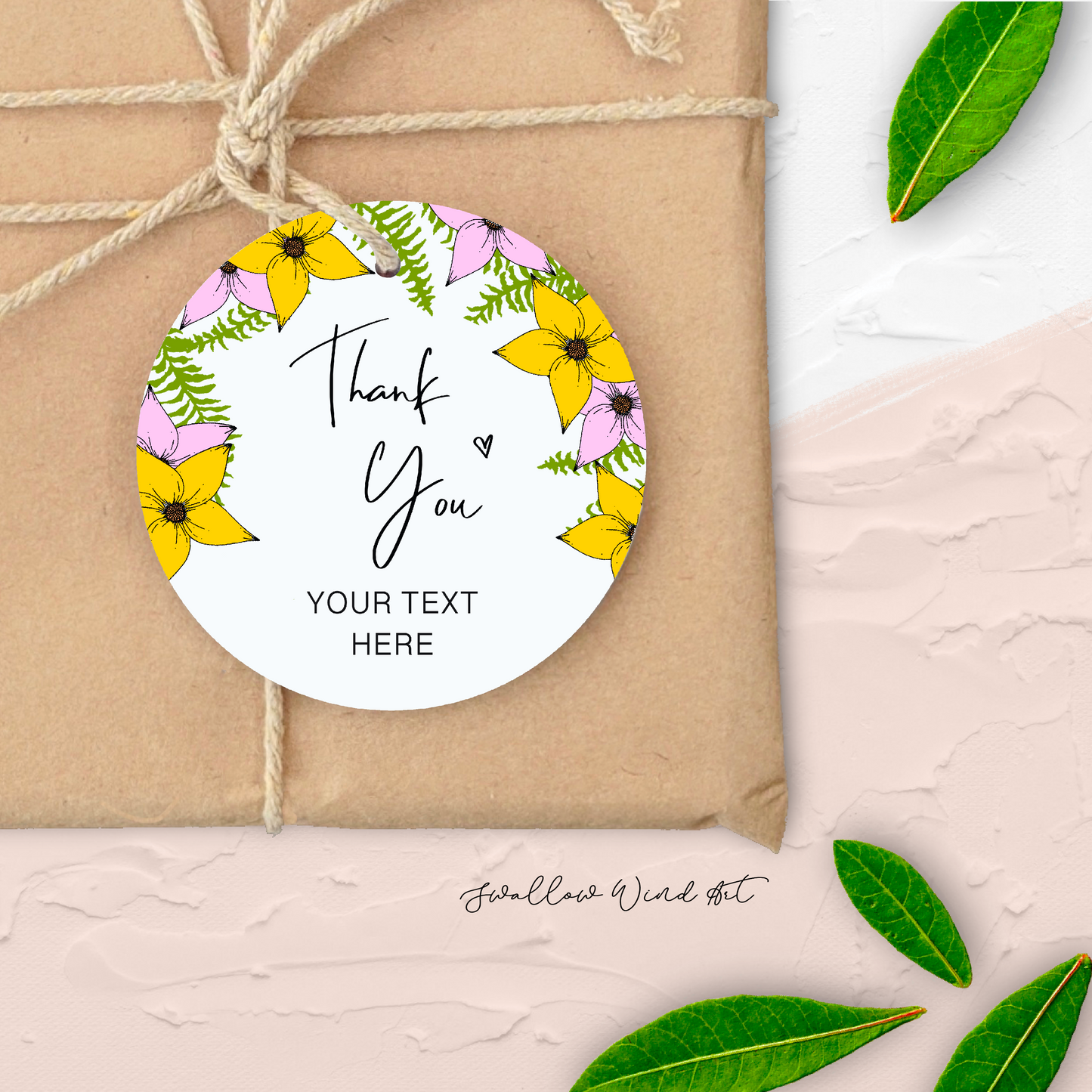 Personalised Round Floral Thank You Tag | Engagement Bridal Gift Tags - Swallow Wind Art