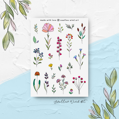 Wildflowers & Leaves Floral Planner Sticker Sheets - Swallow Wind Art