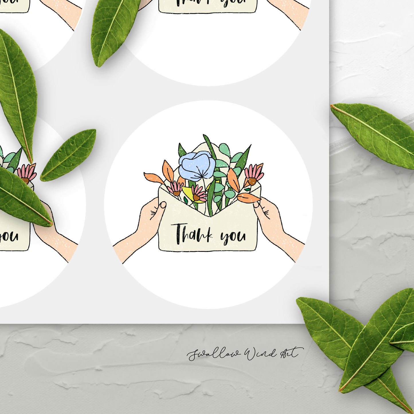 Personalised Flower Round Wedding Thank You Stickers - Swallow Wind Art