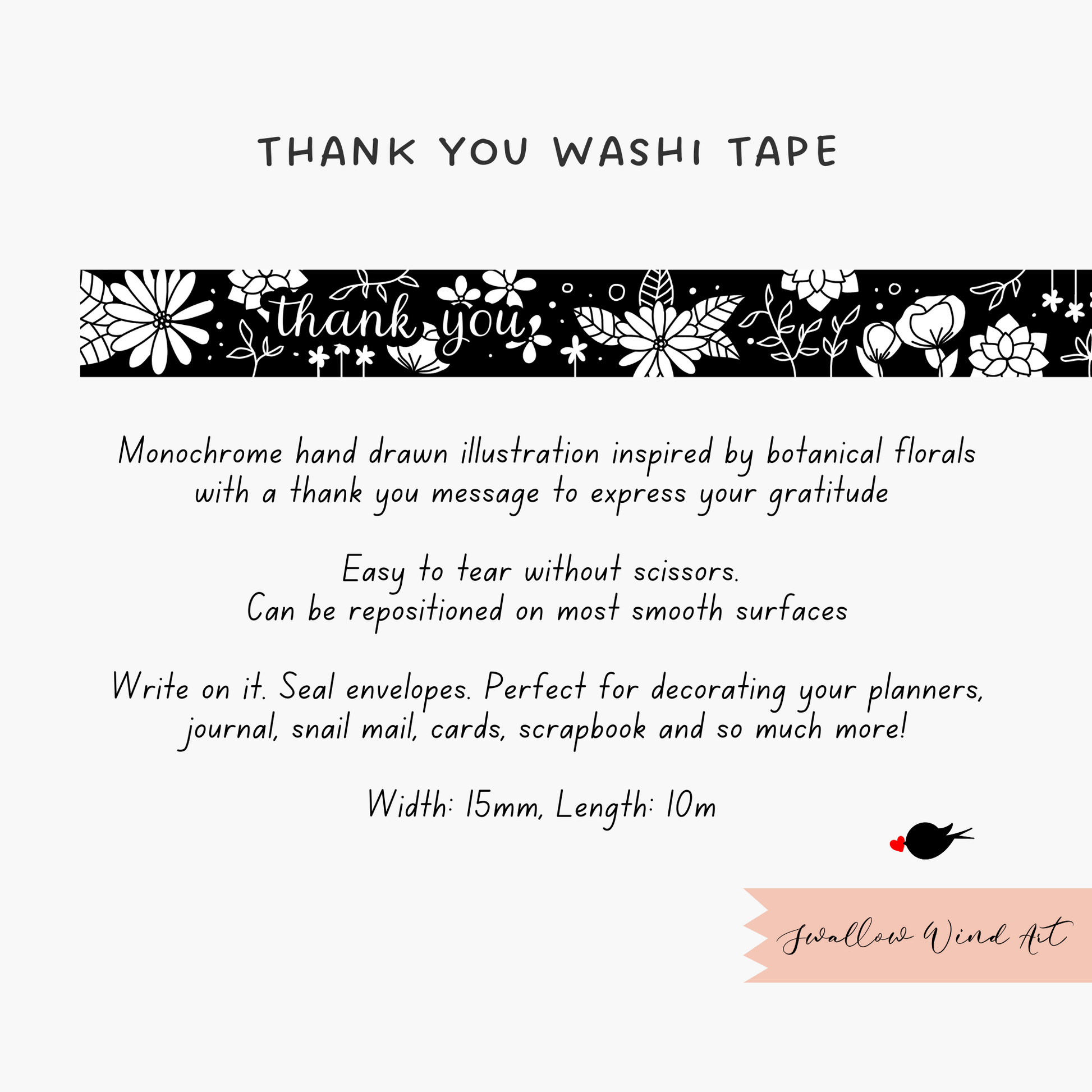 Thank You Floral Washi Tape Black and White - Swallow Wind Art