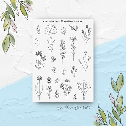 Wildflowers & Leaves Floral Planner Sticker Sheets - Swallow Wind Art