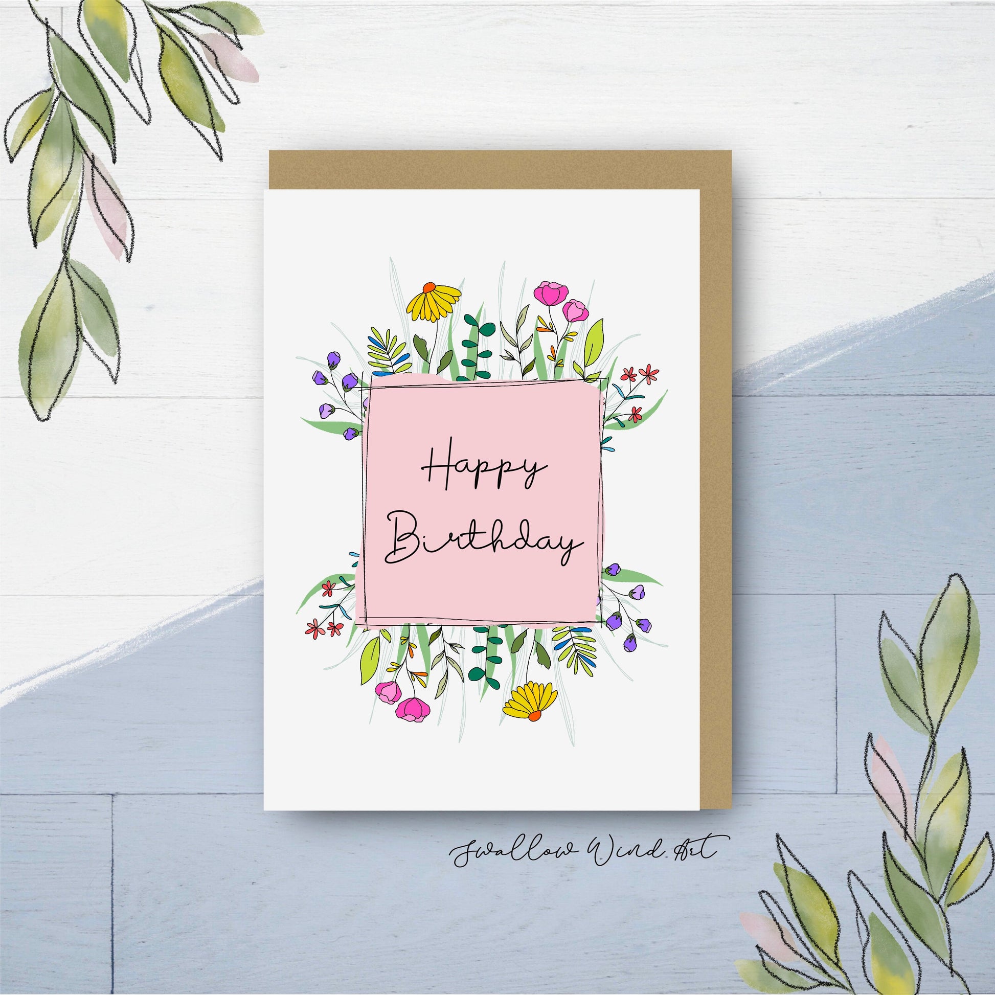 Floral Happy Birthday - Personalised Greeting Card - Swallow Wind Art